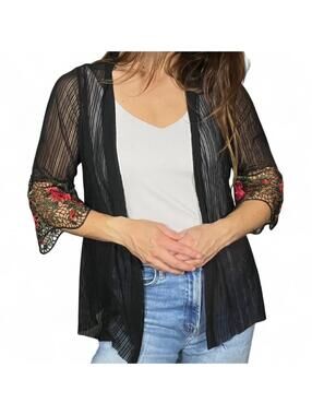 Gehao Black Sheer Cardigan with Rose Embroidered Sleeves
